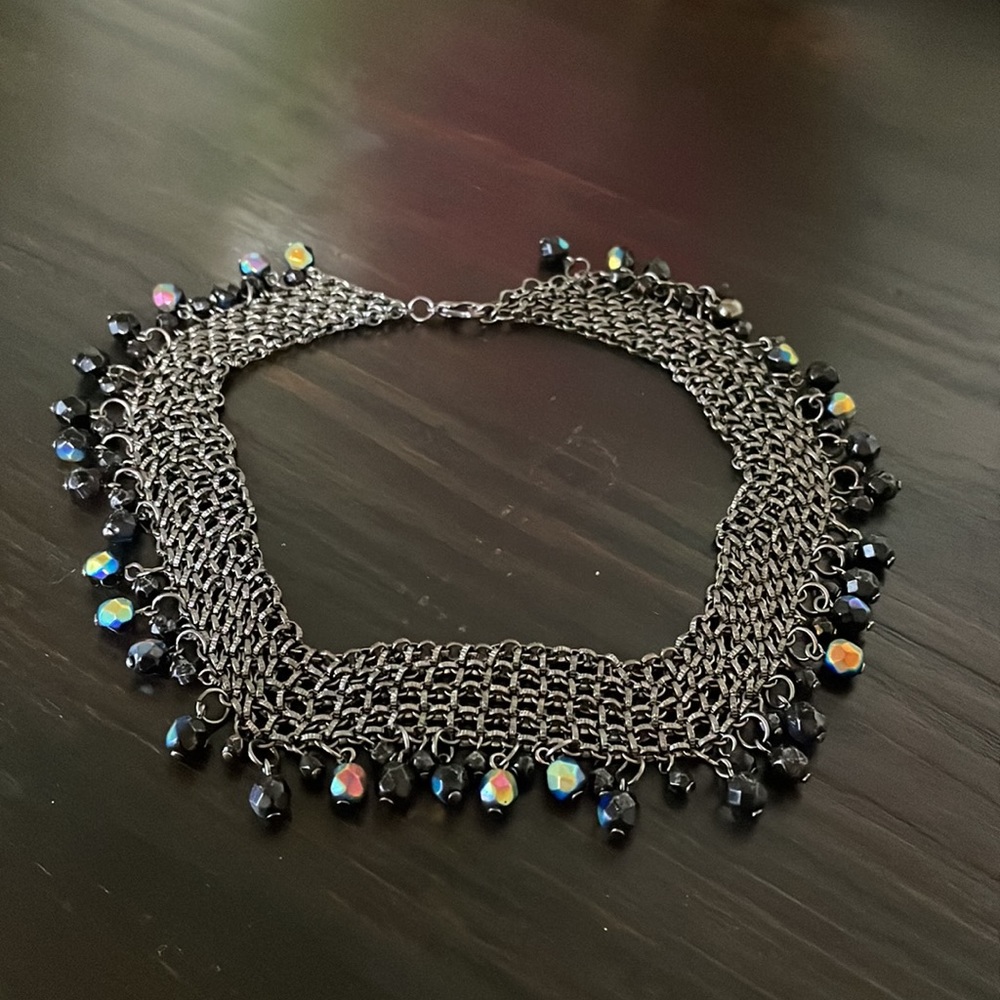 Silver tone collar necklace with AB coated dark beads